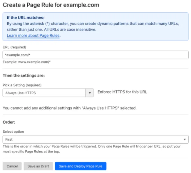 Example Page Rule with 'Always Use HTTPS' setting