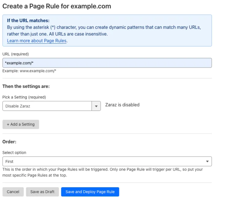 Example Page Rule with 'Disable Zaraz' setting