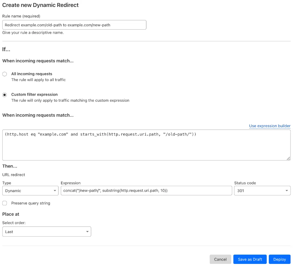 Single redirect matching the 'Forwarding URL' setting of the example Page Rule #2