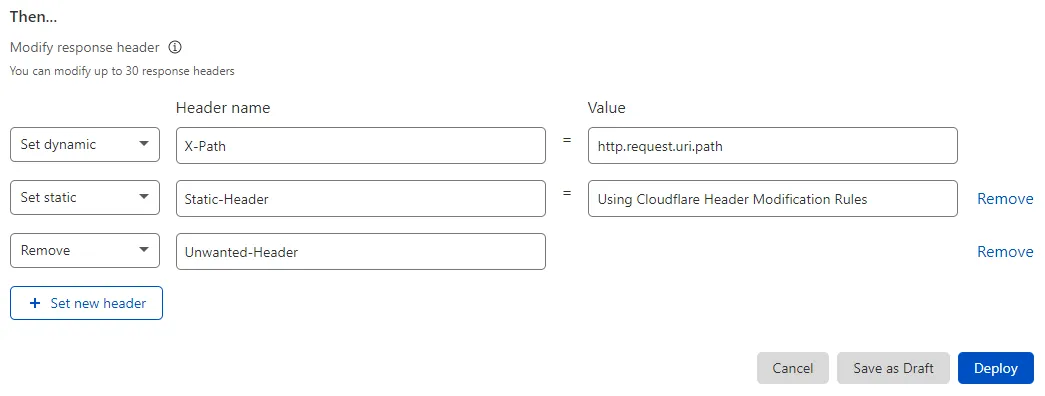 Example configuration performing three response header modifications: set a dynamic header value, set a static header value, and remove an existing header.